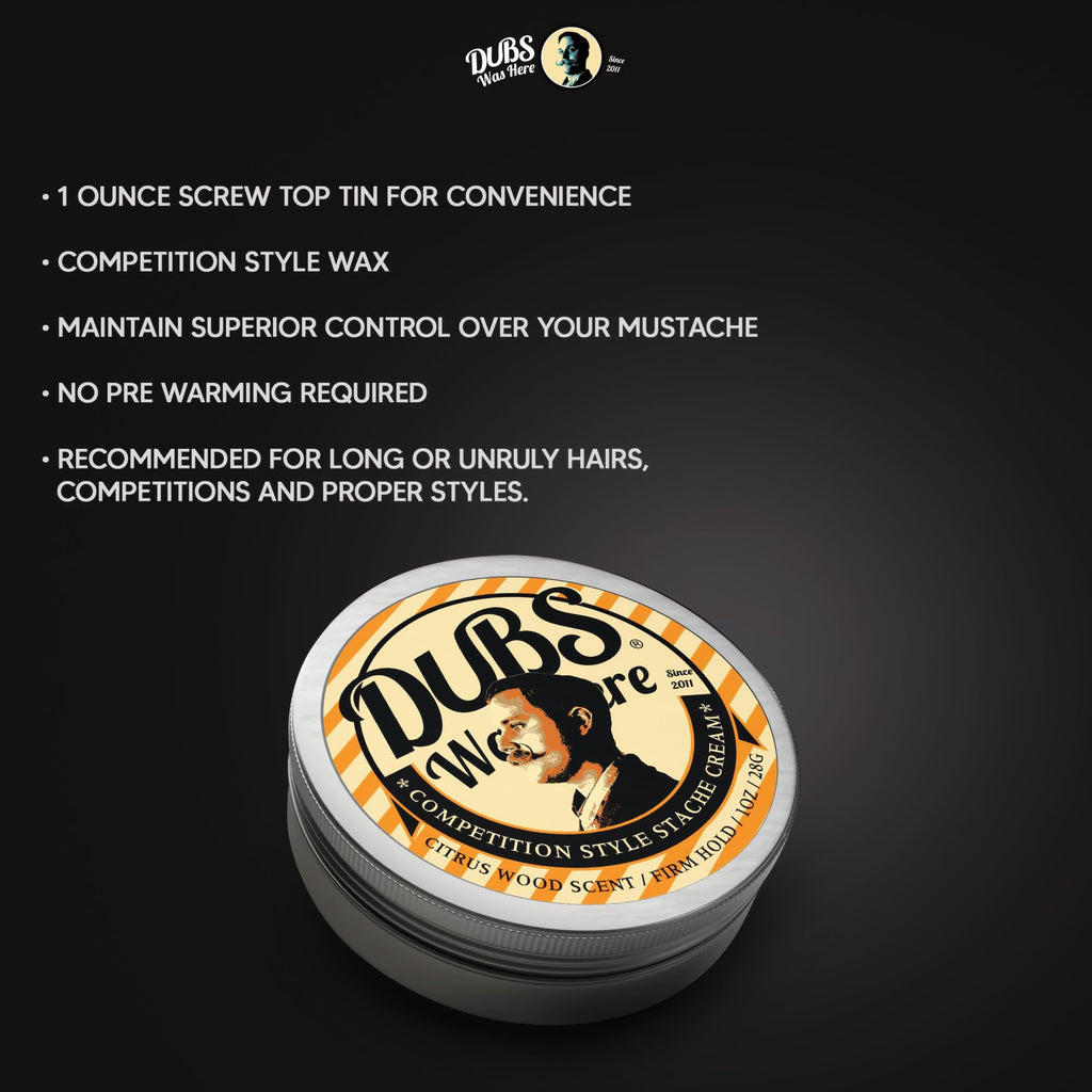 Dubs Was Here Mustache Wax Strong Hold | Competition Style Firm Stache Wax | Non-Greasy Grooming Gift for Men | Sandalwood/Bergamot Citrus Wood Scent | 1 oz Tin | Made in USA