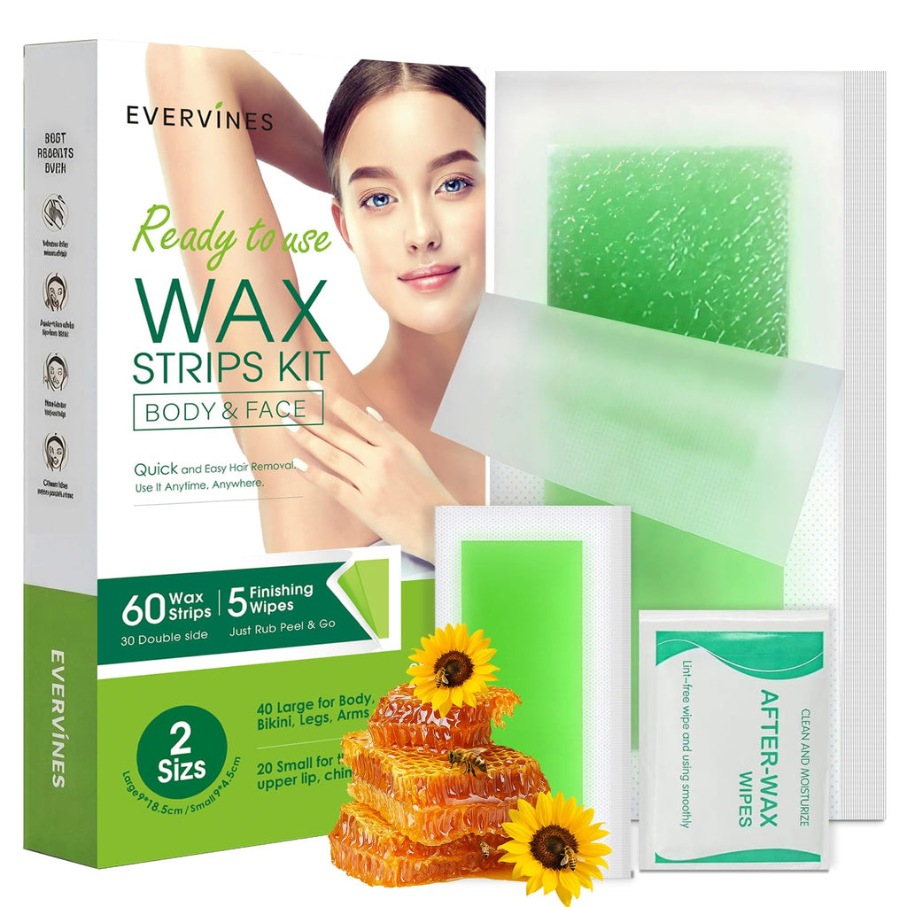 Evervines Facial & Body Wax Strips Kit – 60 PCS (40 Body & 20 Facial) for Hair Removal with 5 Oil Wipes – Removes Lip, Chin, Eyebrows, Bikini, Legs, Arms for Women & Men at Home & Travel (1 pack)