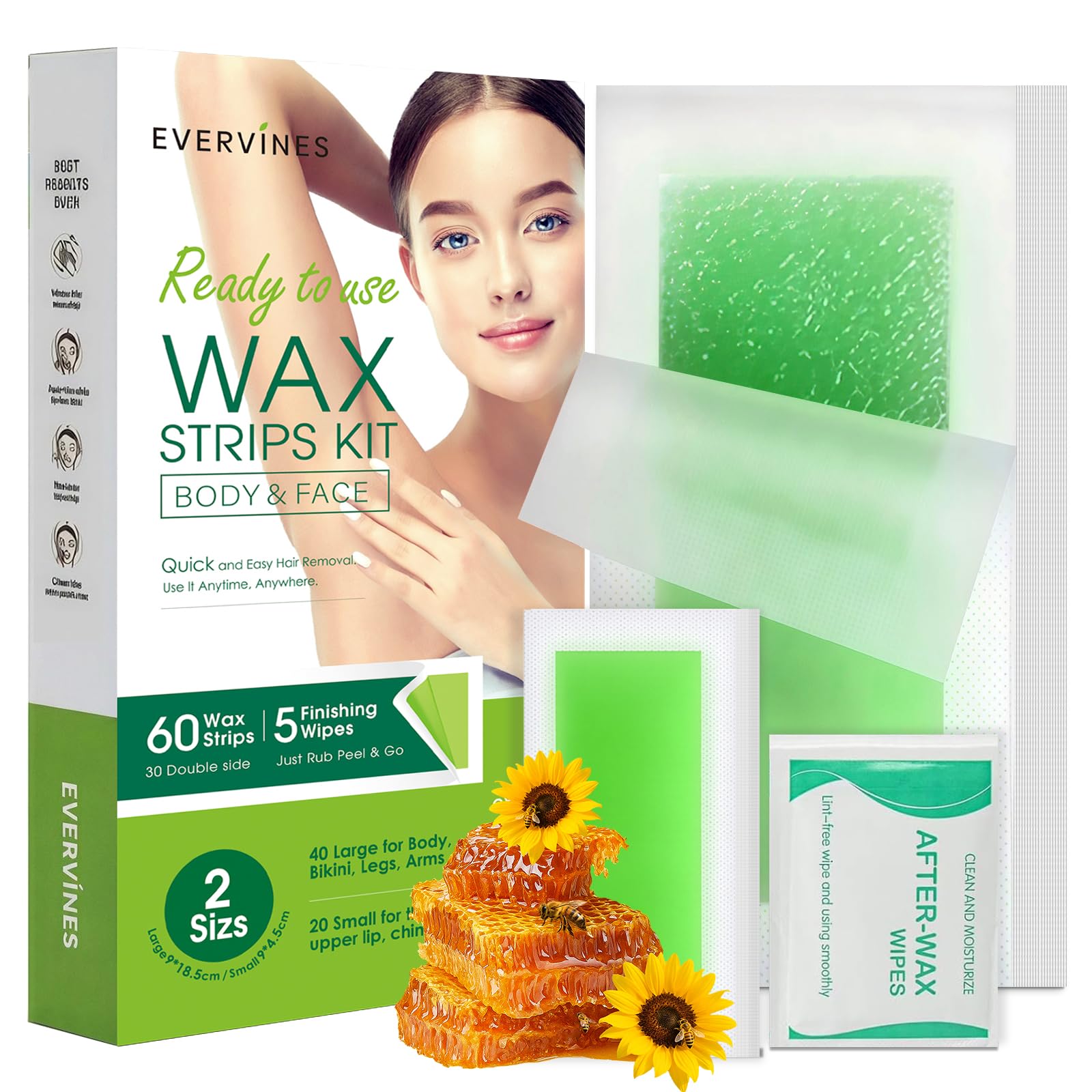 Evervines Facial & Body Wax Strips Kit – 60 PCS (40 Body & 20 Facial) for Hair Removal with 5 Oil Wipes – Removes Lip, Chin, Eyebrows, Bikini, Legs, Arms for Women & Men at Home & Travel (1 pack)