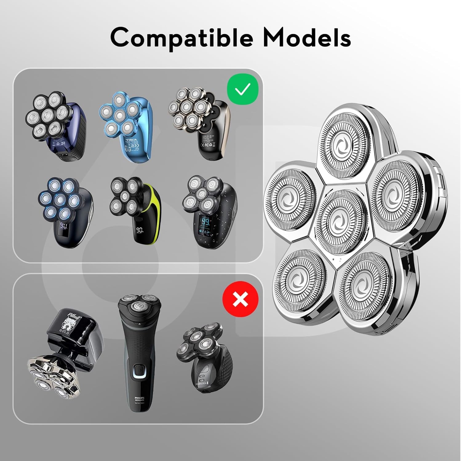 Kibiy 6D Blade Replacement Heads,Electric Shaver Replacement Head for Electric Razor for Men Wet and Dry Compatible Many Models Waterproof Head Razor-Silver