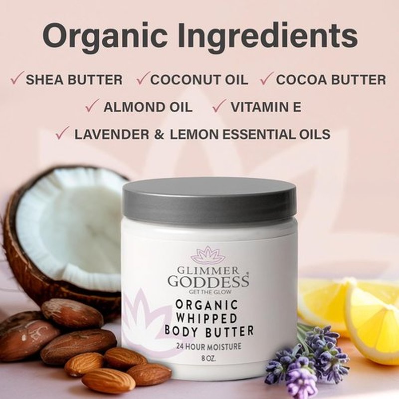 Glimmer Goddess Organic Whipped Body Butter - Hydrating Moisturizer with Shea & Cocoa Butter | Lavender & Lemon, 8oz