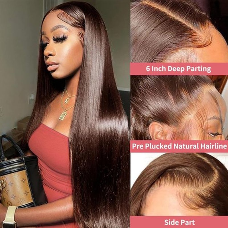 Fopeela 32 Inch 13x6 Chocolate Brown Human Hair Wig 12A Straight 100% Unprocessed HD Transparent 200 Density Lace Front Wig for Women, Pre Plucked Brown Colored Wigs, No Shedding Soft And Silky