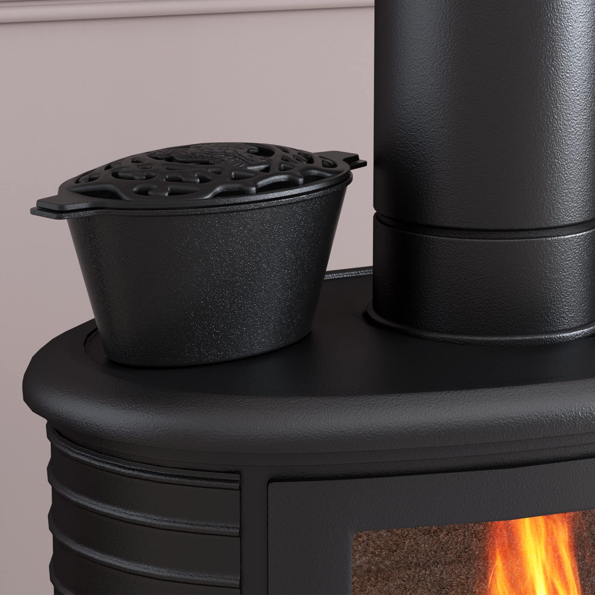 Fire Beauty Woodstove Steamer Stove Humidifier Cast Iron Lattice Top Rust Resistant 2.3 Quart Capacity (chicken)
