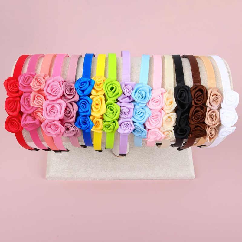 XIMA Fabric Rose Flower Headbands for Toddler Girls Multiple Colors Flower Hair Accessories for Kids Pack of 16