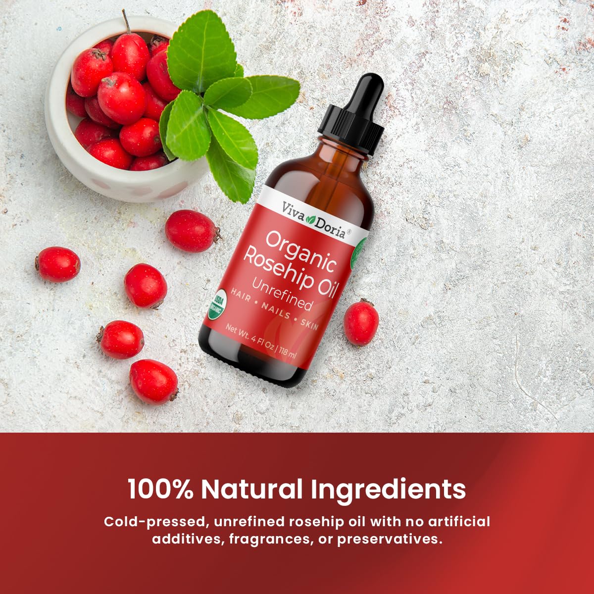 Viva Doria Organic Rosehip Oil, Unrefined, Cold-Pressed, 118 mL (4 Fl Oz) For Hair, Nails and Skin