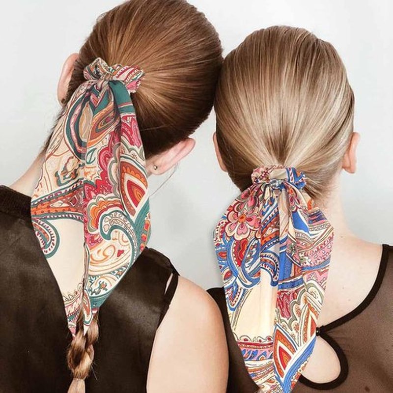 Jewemia Boho Hair Scarf Scrunchies for Women Bow Hair Ties Floral Hair Scrunchies Silk Elastic Ponytail Holder Hair Accessories for Girls 4 pcs (Boho)