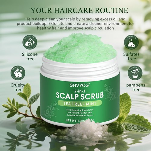SHVYOG Scalp Scrub, Tea Tree & Coconut Oil Exfoliator Scrub for Itchy Scalp, Anti-Dandruff Detox Clarifying Exfoliator Shampoo with Sea Salt, Scalp Treatment with Scalp Scrubber
