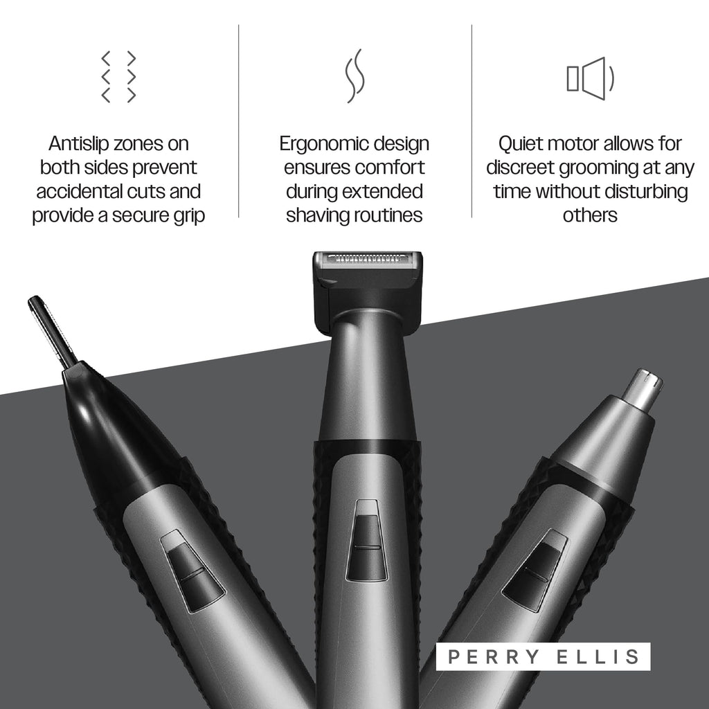 Perry Ellis 3-in-1 Ear, Nose & Facial Hair Trimmer for Men, Cordless Battery-Powered Grooming Tool with Detachable Heads, Antislip Design, Rechargeable Shaver with Cable