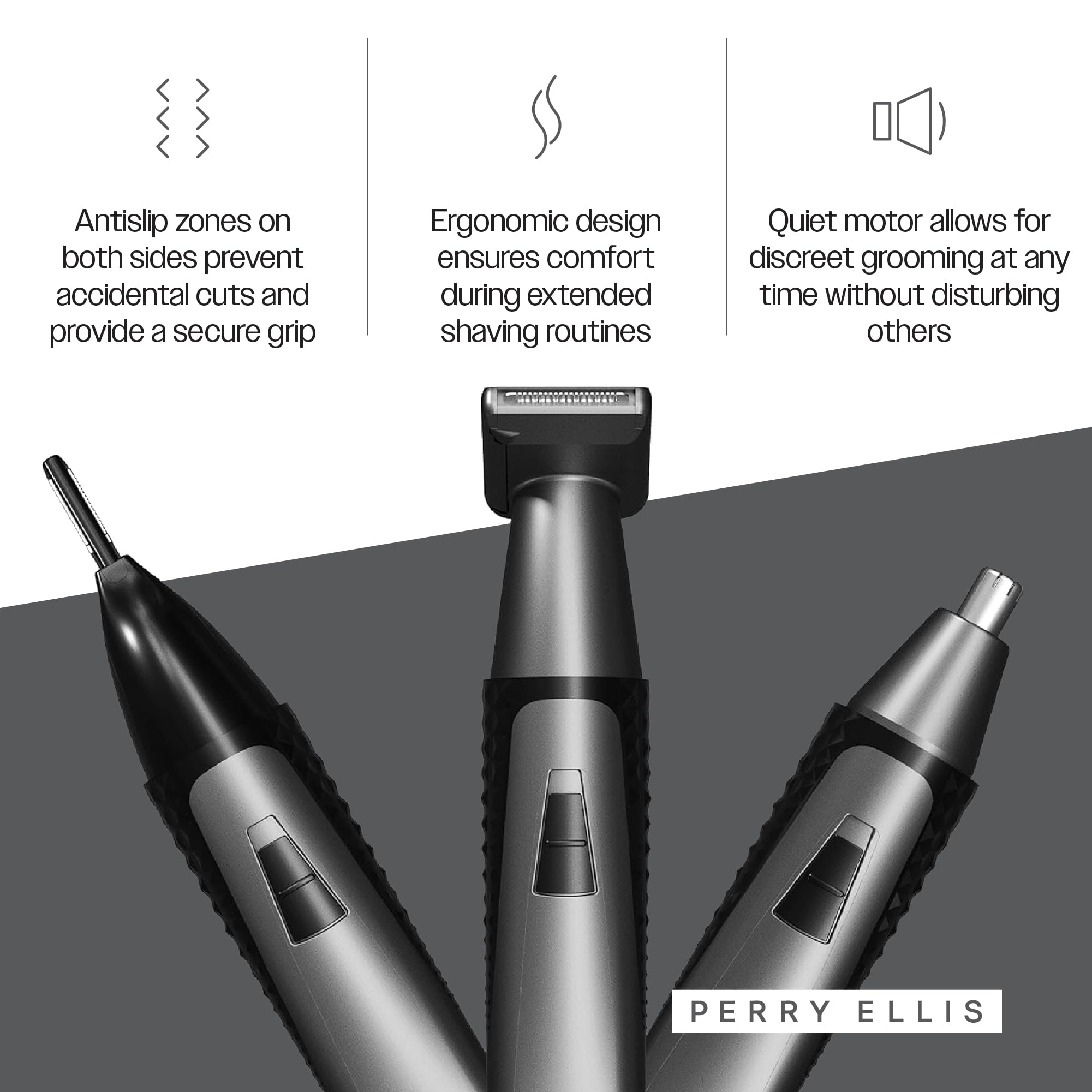Perry Ellis 3-in-1 Ear, Nose & Facial Hair Trimmer for Men, Cordless Battery-Powered Grooming Tool with Detachable Heads, Antislip Design, Rechargeable Shaver with Cable
