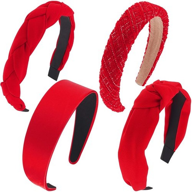 Taiyin 4 Pack Red Headbands for Women, Knotted & Braided Satin Velvet Hairbands, Criss Cross Wide Headband Set, Valentine's Day Gift Hair Accessories