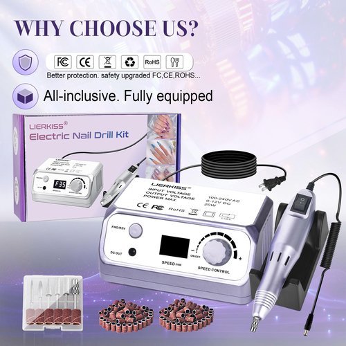 LIERKISS Nail Drill 35000RPM Electric Nail File Drill Nails Machine - Professional Nails Drill with 100pcs Sanding Bands and Nail Drill Bits for Acrylic, Gel Nail Manicure & Pedicure