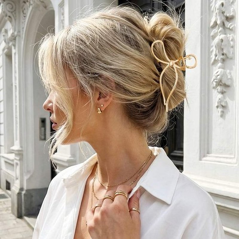CAKURE Bow Claw Clip Gold Metal Hair Clips Medium Hair Jaw Clamps Stylish Hair Accessories for Women and Girls (Pack of 2)