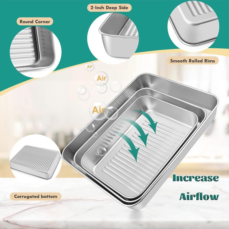 E-far Stainless Steel Baking Pans Set of 3 - Non-Toxic Rectangle Sheet Cake Trays | 12.5/10.5/9.4 Inch