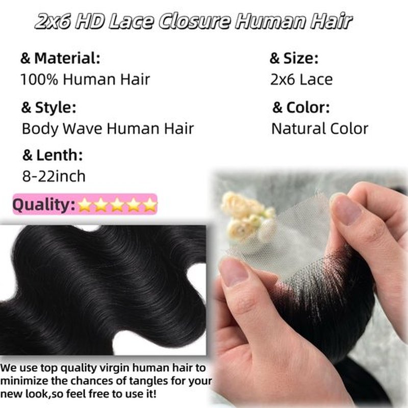 2x6 HD Lace Closure Body Wave Human Hair Transparent 2 by 6 HD Lace Closure 14Inch 100% Brazilian Virgin Unprocessed Middle Part Human Hair Kim K Closure With Baby Hair Natural Color