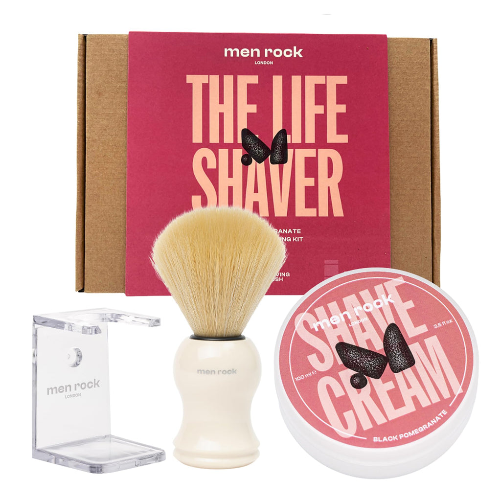Men Rock The Life Shaver Essential Shaving Kit - Black Pomegranate - Beard Care Kit for Men - Shaving Cream, Synthetic Brush - Mens Face Care - 3 Pc