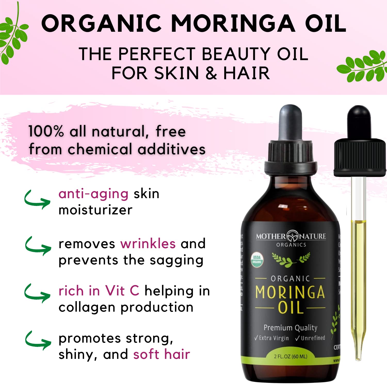 Moringa Oil - USDA Certified Organic, 100% Pure, Cold Pressed & Unrefined Gluten Free Oil (2oz) - Natural Moisturizer for Skin, Face, Body & Hair - Non-GMO & Vegan
