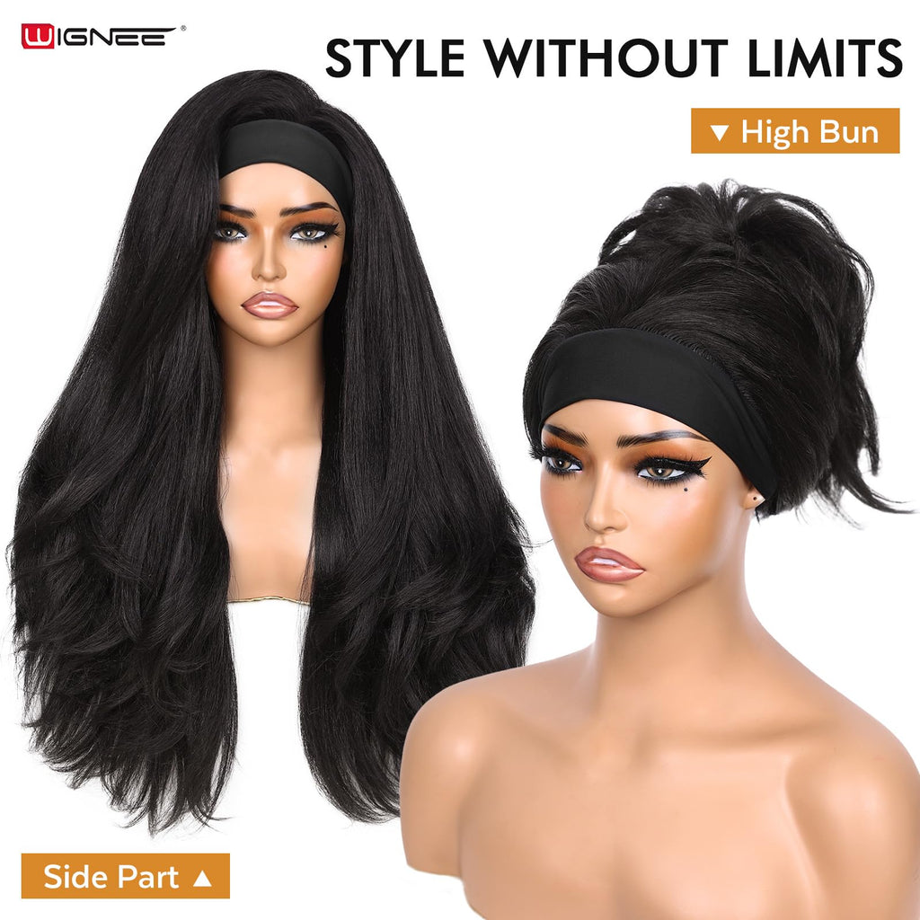 WIGNEE Yaki Curly Headband Wig Synthetic Layered Kinky Straight Half Wig Wear and Go Glueless Headband Wigs For Black Women