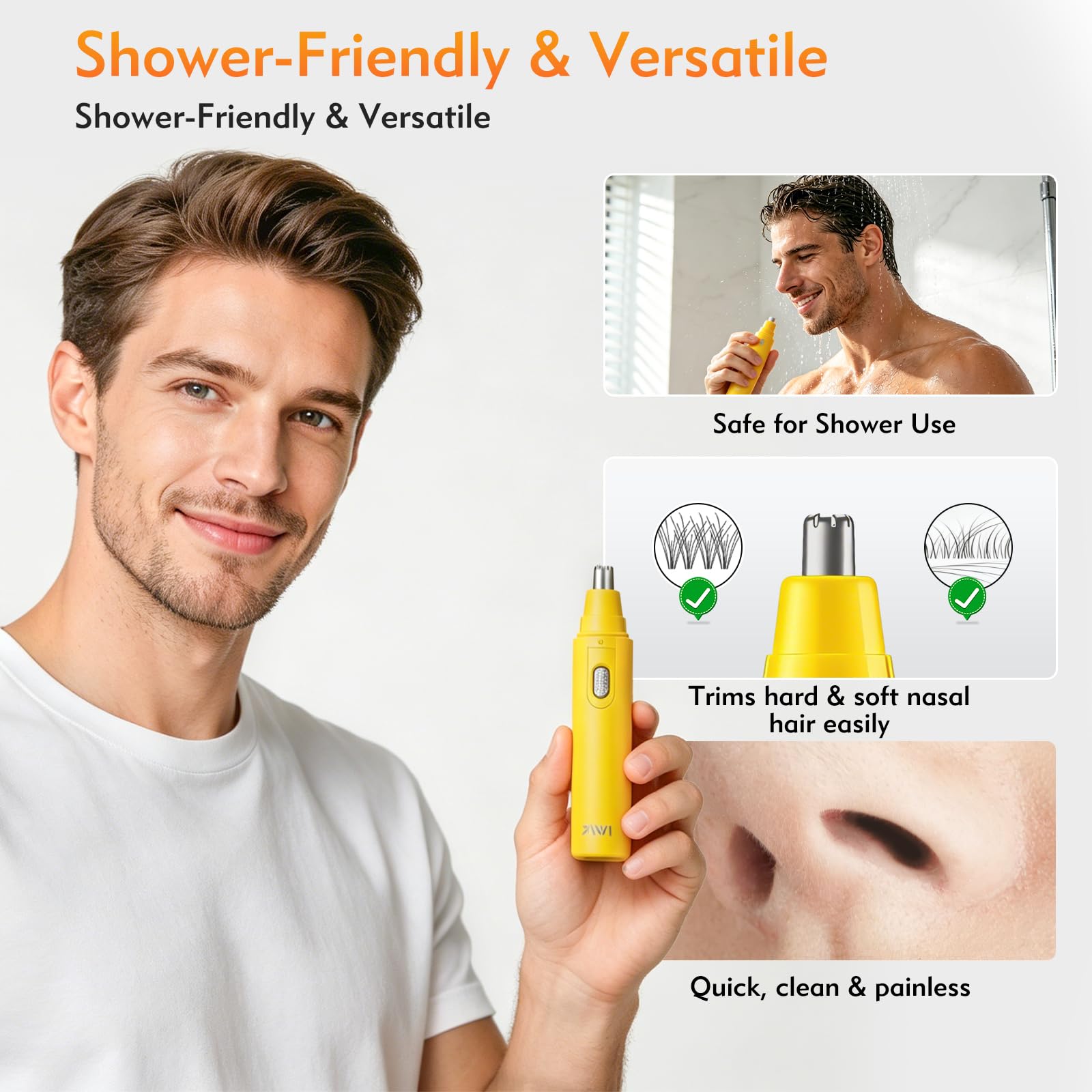 IWR Nose Hair Trimmer, Rechargeable Nose Hair Trimmer for Men Women with Cleaning Brush, Multifunctional Nose and Ear Hair Trimmer Improved Stainless Steel Replaceable Blade （Yellow）