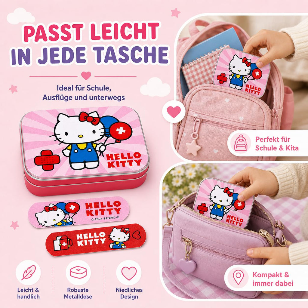 Hello Kitty Pink Kids Bandages – Licensed Metal Tin – 24 Colorful Plasters with Cute Design – Ideal for Backpack, Travel or Purse – First Aid Fun for Children – 1 Pack