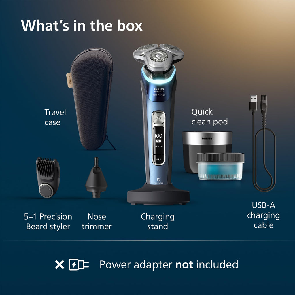 Philips Norelco Shaver i9000 Prestige, Wet & Dry Electric Shaver, Mystic Aqua, SenseIQ Technology, Triple Lift & Cut System, 360 Rotating Dual SteelPrecision Blades, Nose Trimmer, XP9201/88