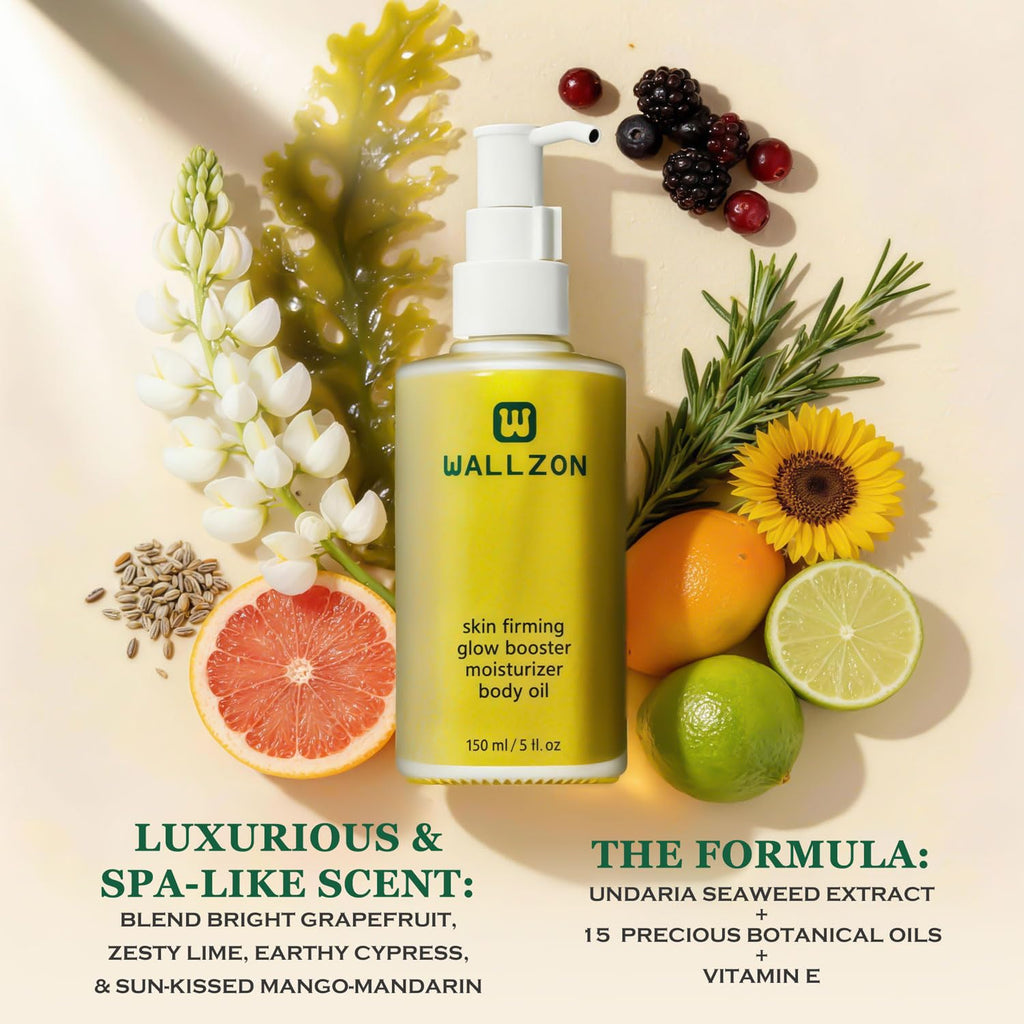 WALLZON Firming & Moisturizing Body Oil for Women with Seaweed Extract, 5 oz After Shower Skincare Oil, Non-Greasy, Lightweight, Fast-Absorbing, Improves Skin Elasticity, Citrus Scent