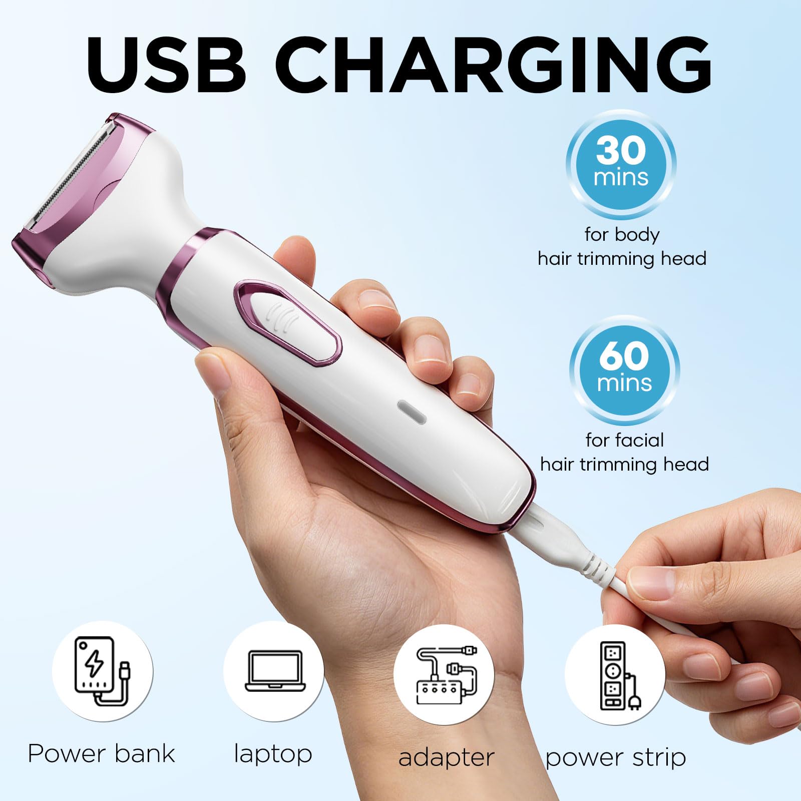 Electric Razor - Shaver - Trimmer for Women: 2 in 1 Painless Body Razors and Facial Hair Remover - Rechargeable Hair Removal Kit for Face Body Leg Bikini Underarm Arm