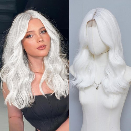 MORICA White Wigs for Women 18 Inch Middle Part Medium Length Short Curly Wavy Wigs,Natural Synthetic Hair Womens Wigs for Daily Party/Halloween Use（18inch，White）