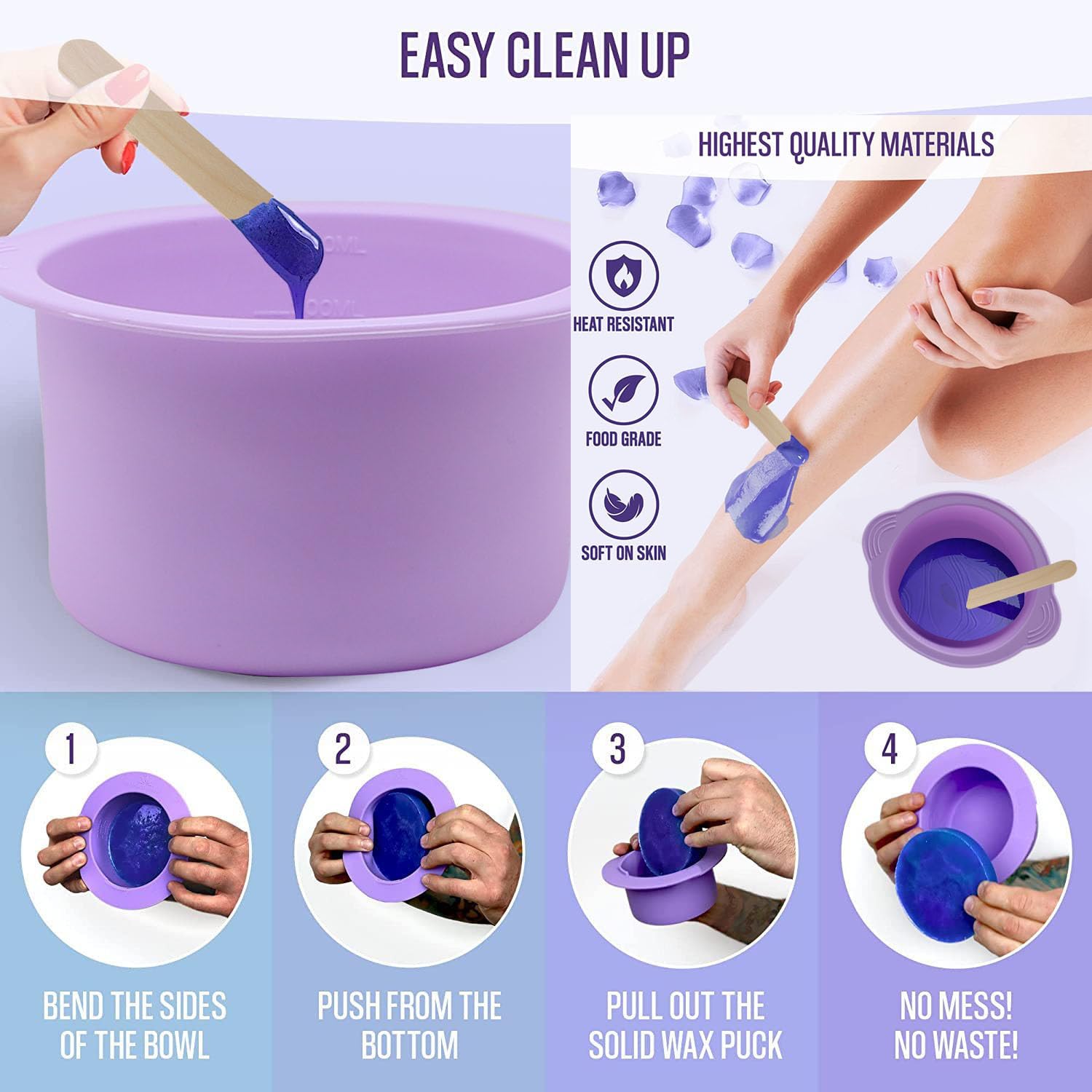 2-pack Silicone Wax Warmer Liner, Silicone Wax Bowl for Wax Warmer, Non-Stick Wax Melt Warmer Wax Pot Replacement, Reusable Wax Melt Liner with 50 Pcs Wax Spatula Sticks for Hair Removal purple