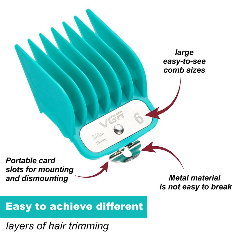 VGR 891 Professional Hair Clipper Attachment Comb Set，8 Pcs Hair Cutting Guide Combs with Limit Comb Rack for Most Hair Clippers，with Metal Clip，from 1/16 Inch to 3/4 Inch(1.5-19mm)