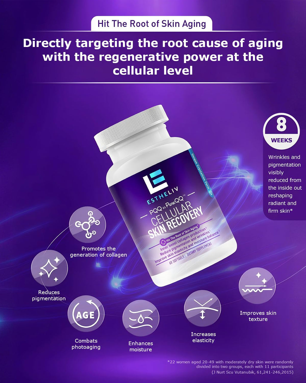 ESTHELIV Cellular Skin Recovery Supplement Hit The Root of Skin Aging PQQ Reduces Pigmentation and Wrinkles Improves Skin's Elasticity and Moisture Balance