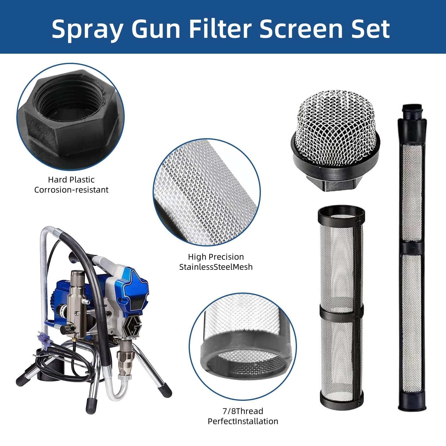 (4+6+6) 246385 246384 287032 Spray Gun Filter Set Fits for Graco 390 395 490 495 495 595 3400 Airless Paint Sprayer，Including Pump Inner Core Filter， Inlet Suction Pipe Filter and 60 mesh Filters