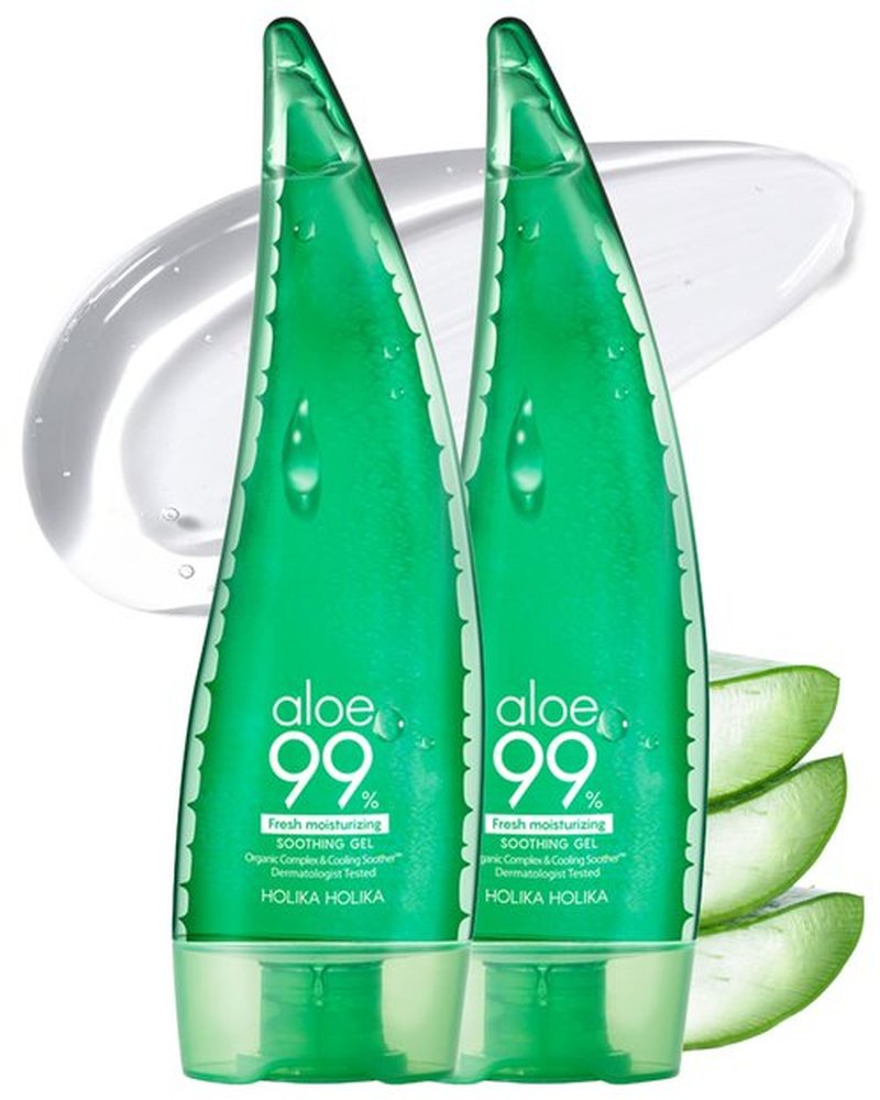 HOLIKA HOLIKA Aloe 99% Soothing Gel 2 Pack – Alcohol-Free Fermented Aloe & Cica Cooling Gel for Face Body Hair | Non-Sticky After Sun Gel, 7-Free Hypoallergenic Korean Skincare, 2 x 8.45 fl oz