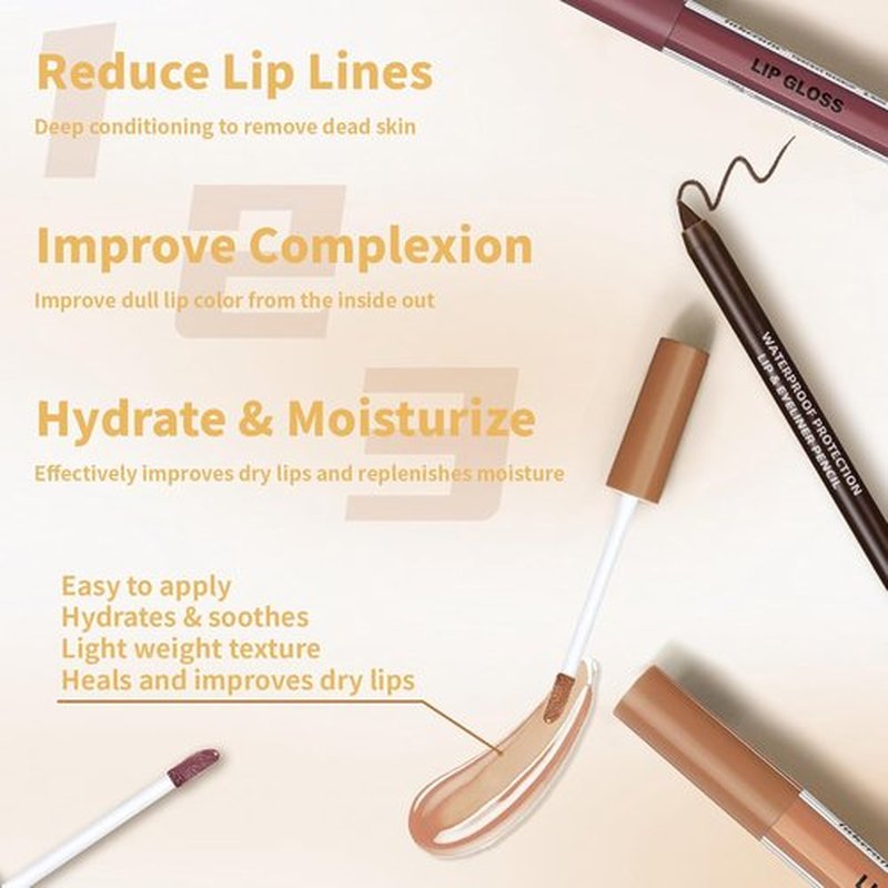 HOSAILY Nourishing Lip Gloss Kit - Hydrating, Non-Sticky Plumping Lip Oil & Liner in Natural Nude