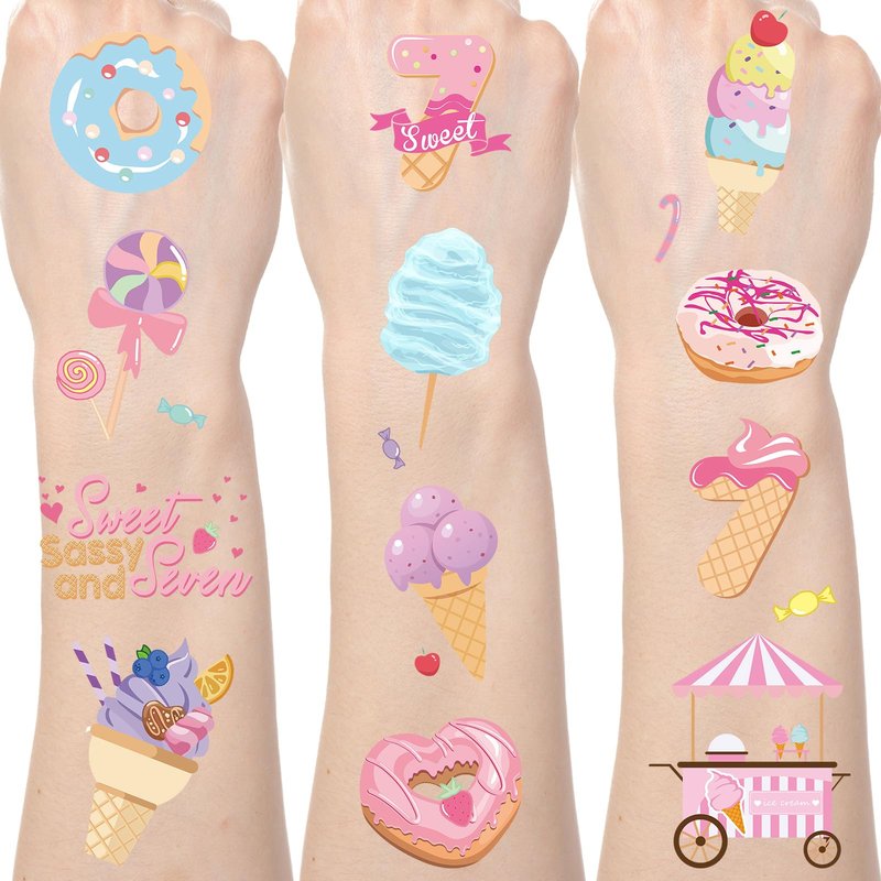 Yoyuspy Sweet Donut Tattoos Stickers - 200+ Sweet Sassy and Seven Birthday Decorations Ice Cream Doughnut Temporary Tattoo Stickers Happy 7th Birthday Party Decoration Favors Supplies Prizes Gifts