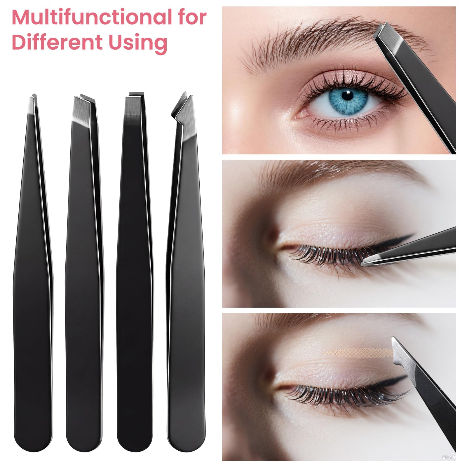 4 Pack Tweezers for Eyebrows, Stainless Steel Pointed Tip Ingrown Hair Removal Tweezers Black Precision Tweezer Set for Women Men Precision for Eyebrows Facial Ingrown Hair and Splinter Removal