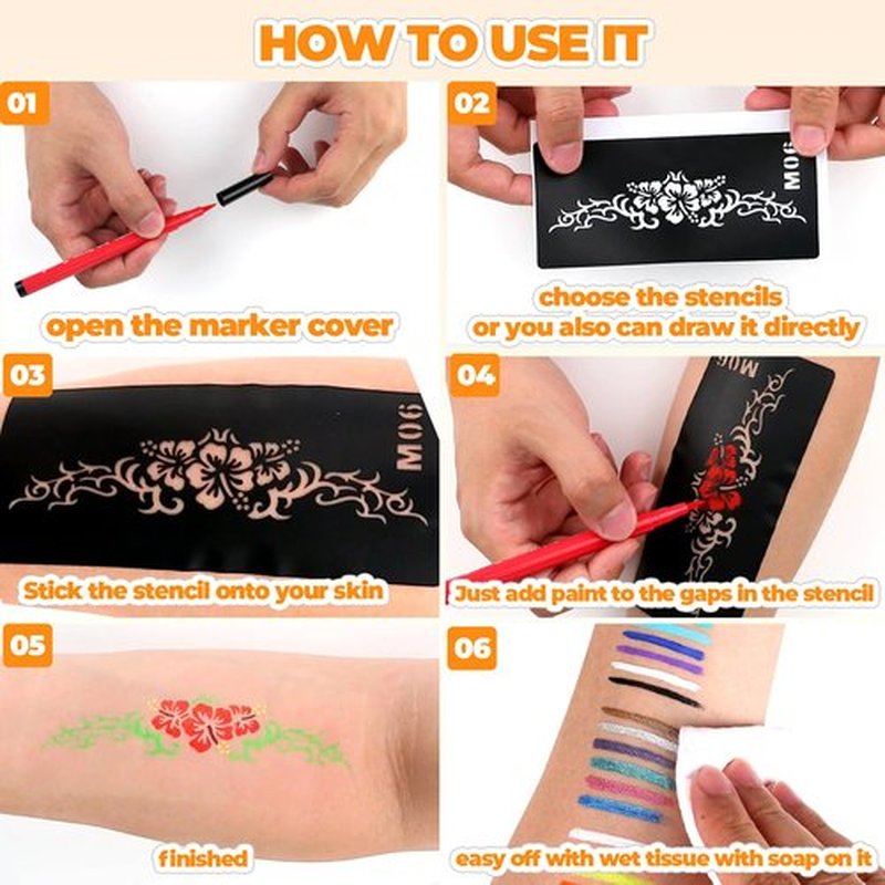 26 Colors Temporary Tattoo Markers for skin Body Marker Face Paint Pen, Face Painting Markers 138 pcs Tattoo Stencils for Adults, Glitter&Matte & Neon Glow Washable Cosmetic-Grade Body Art Pen