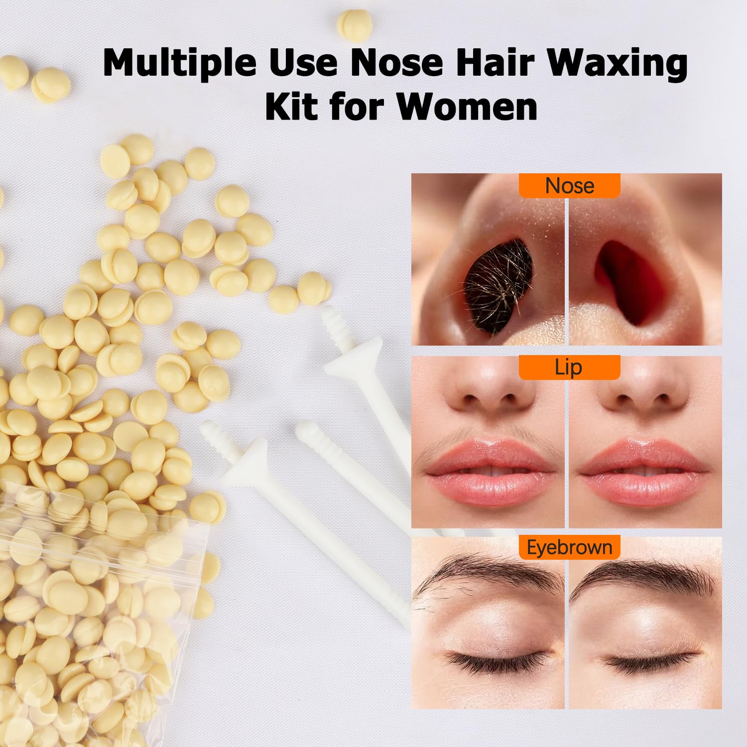Nose and Ear Hair Waxing Kit - Hair Removal Set for Men and Women with 50g Wax Beads, 20 Applicators (10 times), 10 Paper Cups, and 10 Mustache Guards
