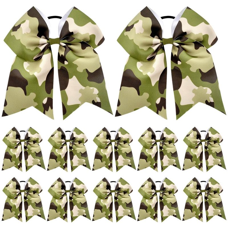 Umibow 12 Pcs Camouflage Hair Bow Ties 7 Inch Camo Cheer Hair Bow Elastic Ponytail Holder Military Camo Ribbon Hair Band for Veterans Day Retirement Party(Army Green)