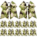 Umibow 12 Pcs Camouflage Hair Bow Ties 7 Inch Camo Cheer Hair Bow Elastic Ponytail Holder Military Camo Ribbon Hair Band for Veterans Day Retirement Party(Army Green)