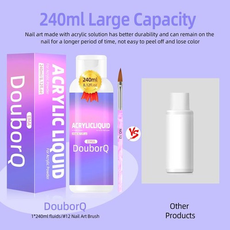 Douborq Acrylic Liquid Monomer for Nail Art, 240ml/8.12 fl.oz, with Brush and Cup