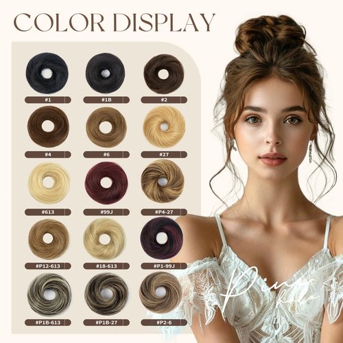 Messy Bun Hair Piece for Women Human Hair Buns Medium Brown Highlights Elastic 1Pcs 100% Real Hair Ponytail Wavy Curly Durable Bun Scrunchies Thick Updo Hairpieces (#P4-27 Medium Brown Highlights)