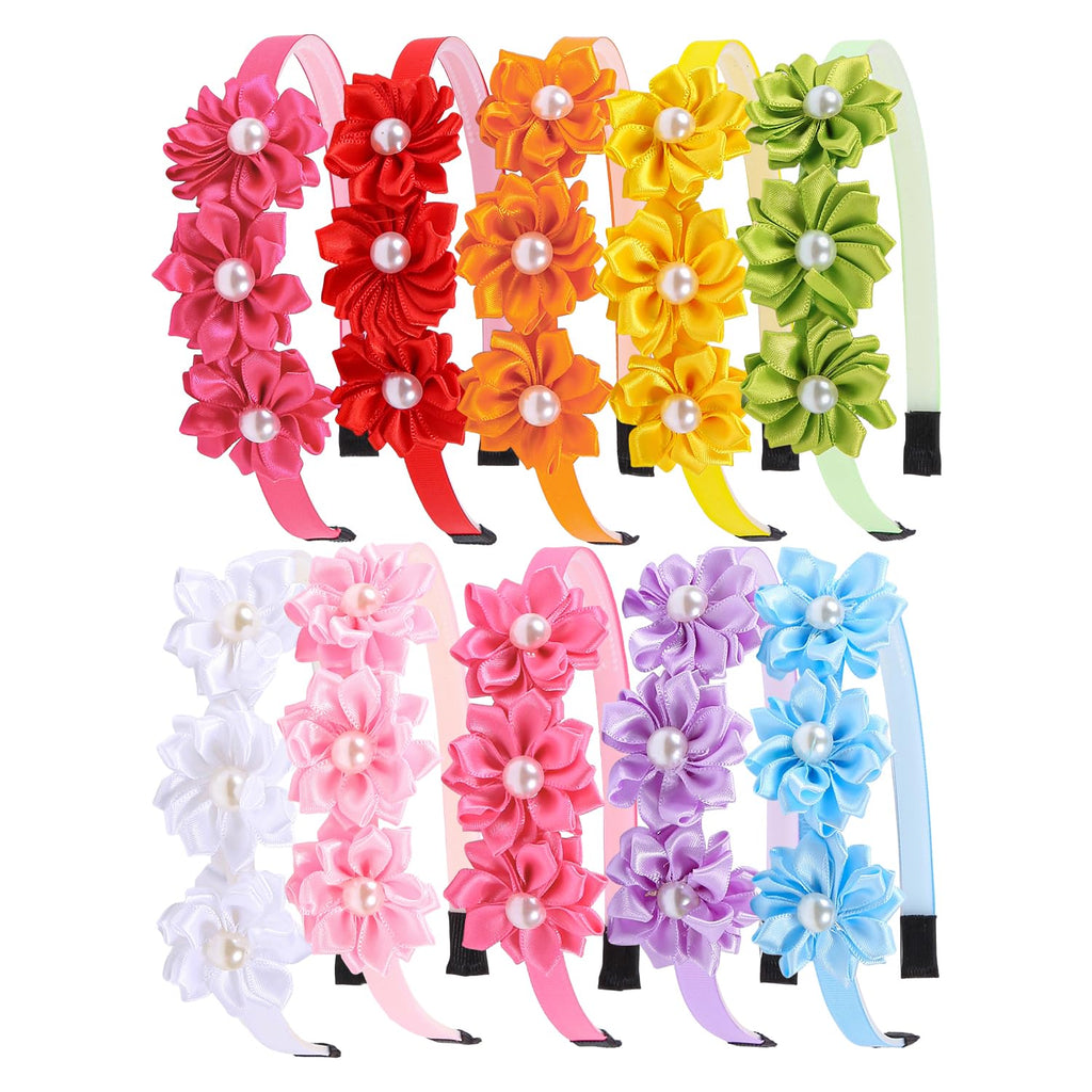 XIMA Pearl Flower Headbands for Girls,Satin Hair Bands with Flowers, Multiple Colors Pack of 10