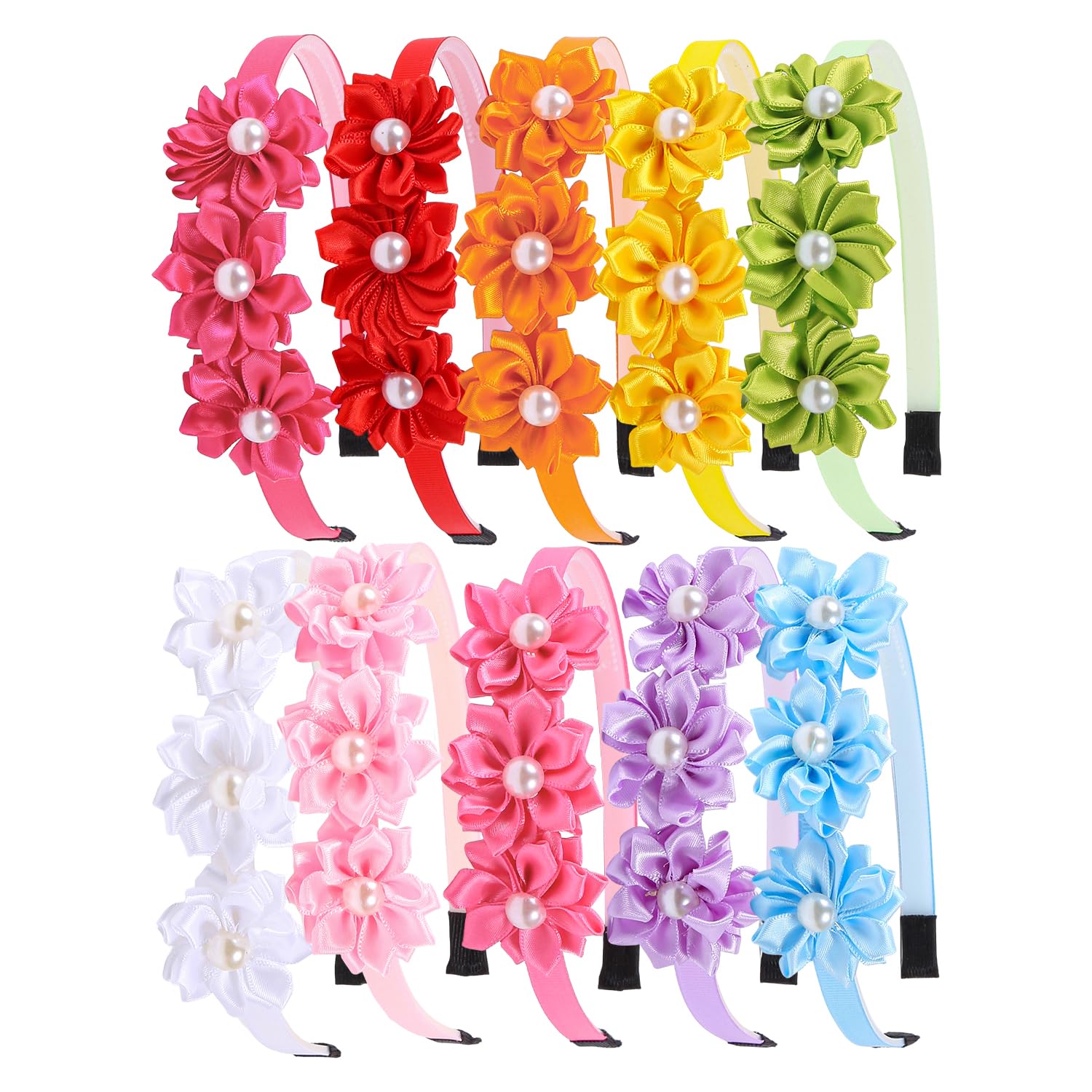 XIMA Pearl Flower Headbands for Girls,Satin Hair Bands with Flowers, Multiple Colors Pack of 10