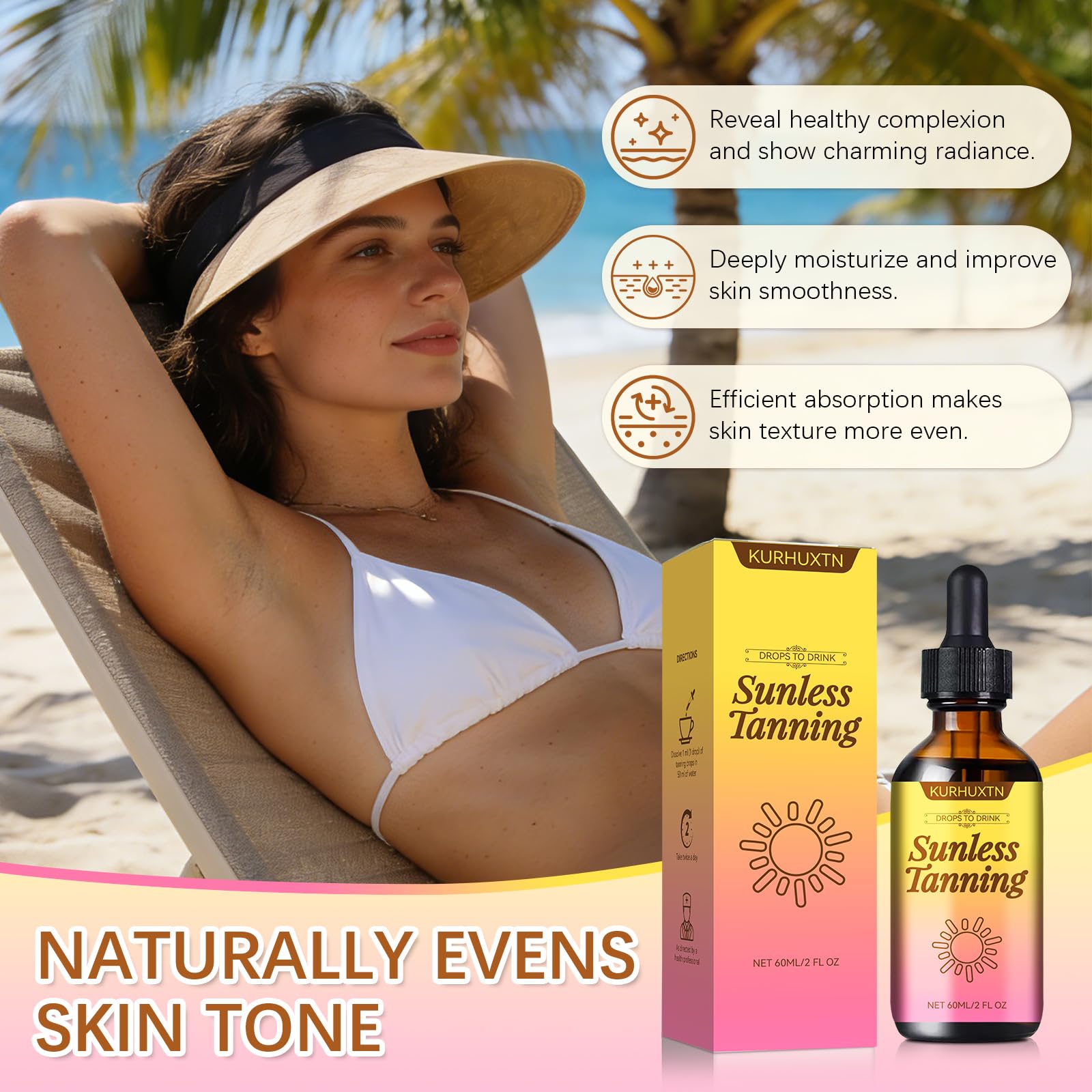 Sunless Tanning Drops to Drink, Natural & Organic Ingredients, Moisturizing Bronzing Tanner for Face & Body (1PC)