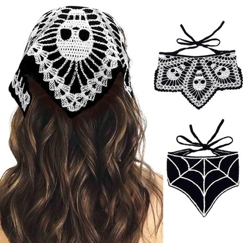 Acenail Halloween Headbands Black Skull Crochet Bandanas Headband Spider Web Triangle Hairband Gothic Head Scarf Tie Back Head Wraps Halloween Hair Accessories for Women 2Pcs (Black A, One Size)