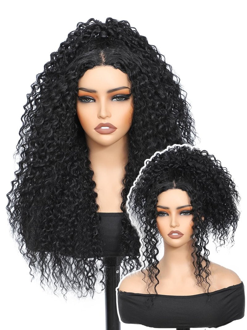 YKHJH 26 Inch Synthetic Lace Front Wig Black Curly Synthetic Wig Protein Fiber Like Human Hair, Glueless Water Wave Hair (Black)