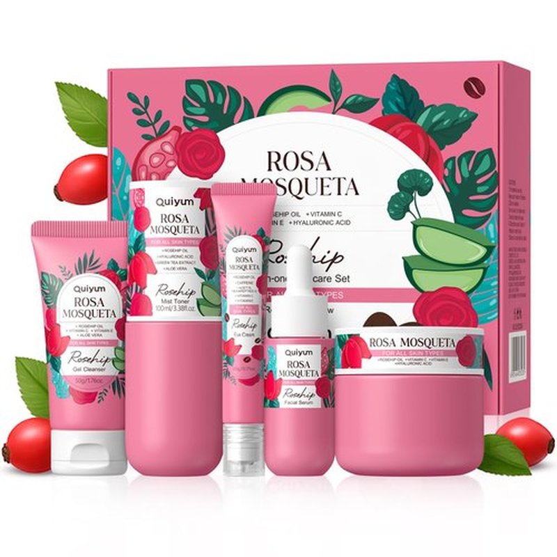 QUIYUM Skin Care Set, with Natural Rosehip Oil, Vit-C & E Skincare Kits 5 Pcs- Restore Skin Elasticity, Refine Texture, Even Tone, Moisturizing, Glowing, for All Skin Types, Mother's Day Birthday Gift