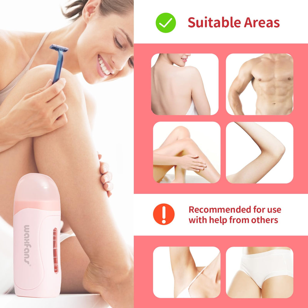 Waxfans Roll On Wax Kit, Wax Roller Kit, Waxing Kit for Women & Men,Cera Para Depilar for Home Hair Removal on Body and Legs, with 2 Wax Refills (Rose & Rose) & 50 Pcs Wax Strips, Easy & Painless