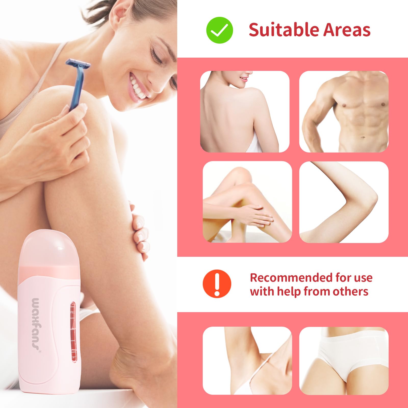 Waxfans Roll On Wax Kit, Wax Roller Kit, Waxing Kit for Women & Men,Cera Para Depilar for Home Hair Removal on Body and Legs, with 2 Wax Refills (Rose & Rose) & 50 Pcs Wax Strips, Easy & Painless