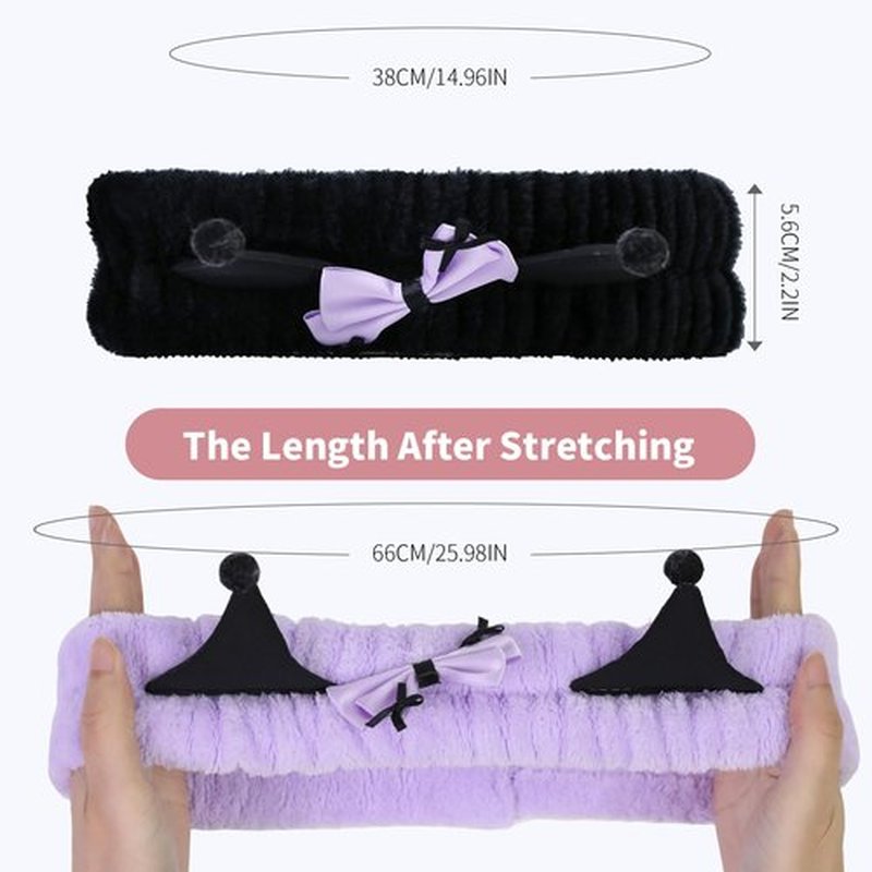 FlyingMage Spa Headband for Washing Face, 2 Pack Cute Hair Band for Shower Yoga Beauty, Fluffy Makeup Headband, Kawaii Facial Headbands for Woman Girls, Purple+Black Ear